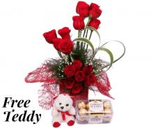 Red Roses with Ferrero Chocolates and a Free Teddy Red Roses with Ferrero Chocolates and a Free Teddy