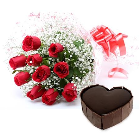 12 Red Roses Bouquet and 1.5 kg Heart Shaped Chocolate Cake product889